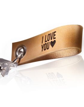 Schlüsselanhänger mit Gravur aus echtem Leder - in natur braun - VORGRAVIERT MIT TEXT: I LOVE YOU