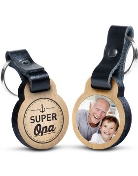 Super Opa - Foto-Schlüsselanhänger aus Eichenholz mit Gravur und kratzfestem Foto in Farbe