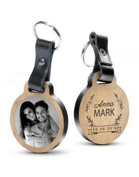 Schlüsselanhänger mit Foto zur Hochzeit, zum Jahrestag mit Namen und Datum - Eichenholz mit echtem Leder - für Paare, für Partner