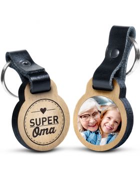 Super Oma - Foto-Schlüsselanhänger aus Eichenholz mit Gravur und kratzfestem Foto in Farbe