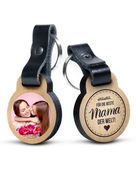 Für die beste Mama der Welt -  Foto-Schlüsselanhänger aus Eichenholz mit Gravur und kratzfestem Foto in Farbe