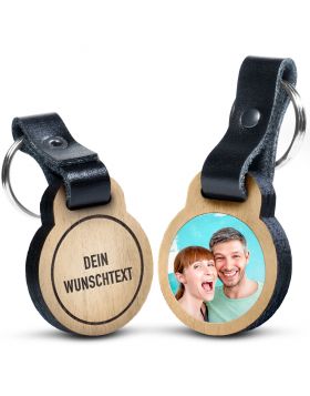 Foto-Schlüsselanhänger aus Eichenholz mit deinem eigenen Wunschtext und deinem Foto in Farbe