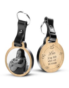 Schlüsselanhänger mit Foto zur Geburt - Vorname + Gewicht + Größe + Zeit der Geburt - Eichenholz mit echtem Leder - personalisierte Geschenkidee